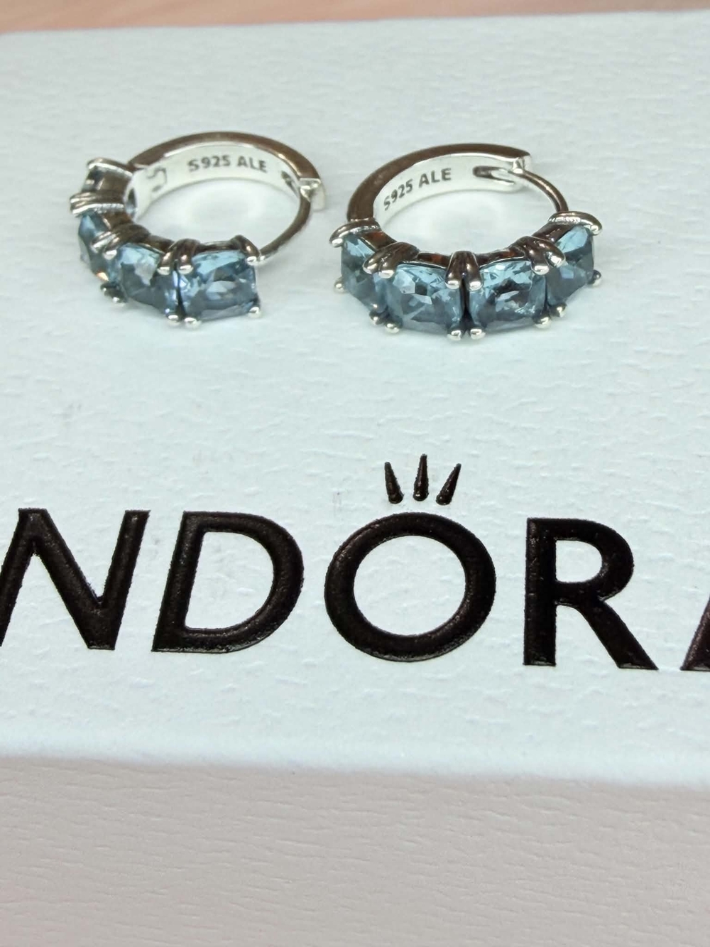 Pandora Sterling Silver Hoop Earrings with Blue Stones - Picture 1 of 5